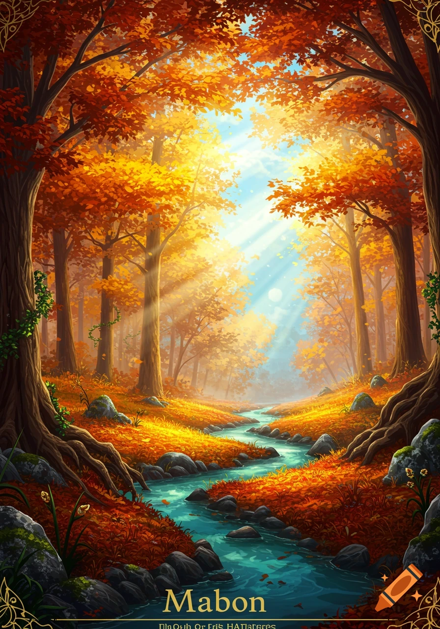 A vibrant, stylized fantasy forest in autumn with sun rays filtering through orange and yellow leaves, and a clear blue stream flowing through it.