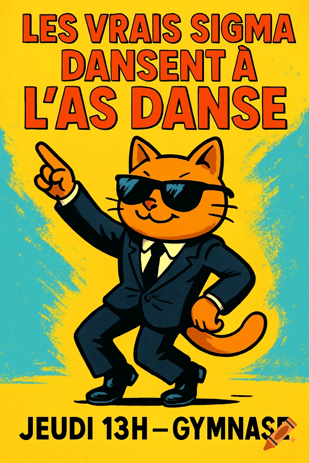Cartoon poster of an orange cat in a suit and sunglasses dancing, with French text.