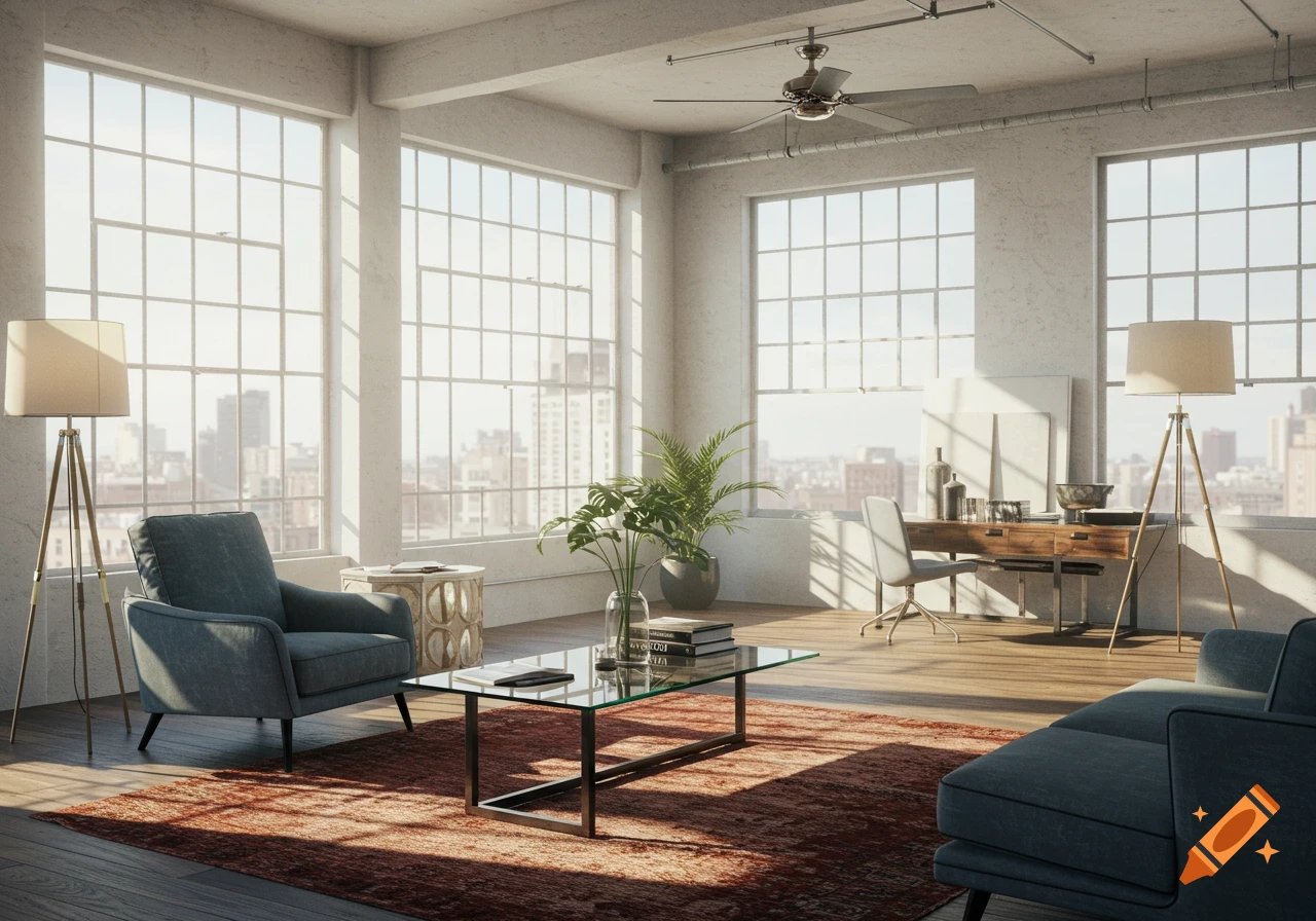 Bright, modern loft apartment with large windows, a living area with a blue armchair, and a desk, bathed in sunlight.