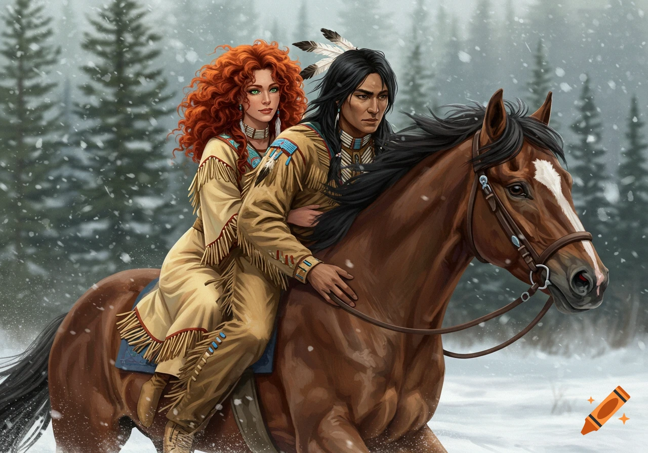 Digital painting of a Native American couple on horseback in a snowy forest.