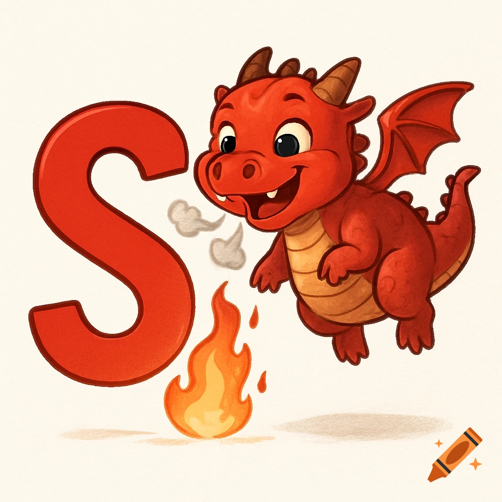 Cute cartoon red dragon flying and blowing fire next to a big red letter S.