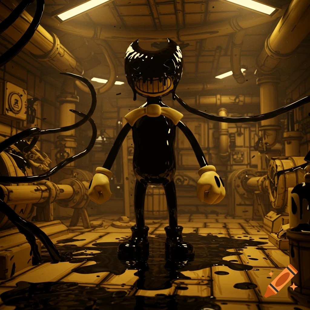 A 3D render of the black and yellow Ink Demon standing in a grimy, ink-splattered industrial workshop.