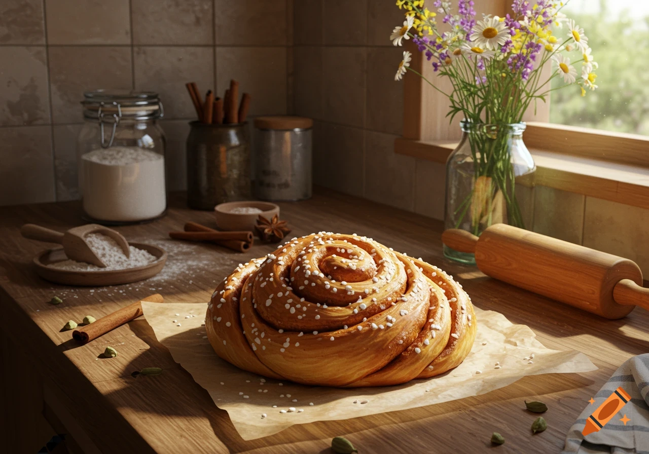 A photorealistic Swedish cinnamon bun on baking paper on a wooden kitchen counter, with ingredients and wildflowers.