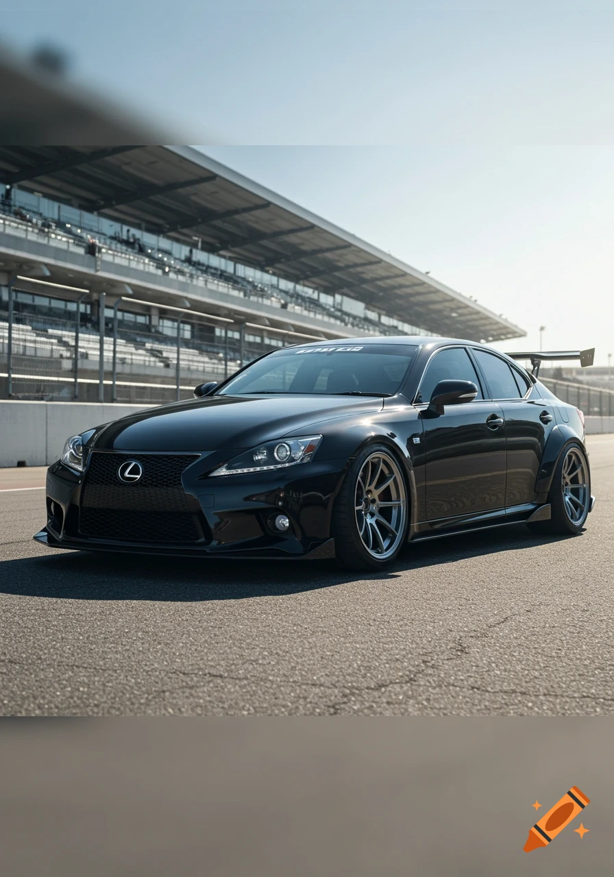 Photorealistic image of a black Lexus ISC with a wide bodykit and large spoiler on a race track with grandstands.