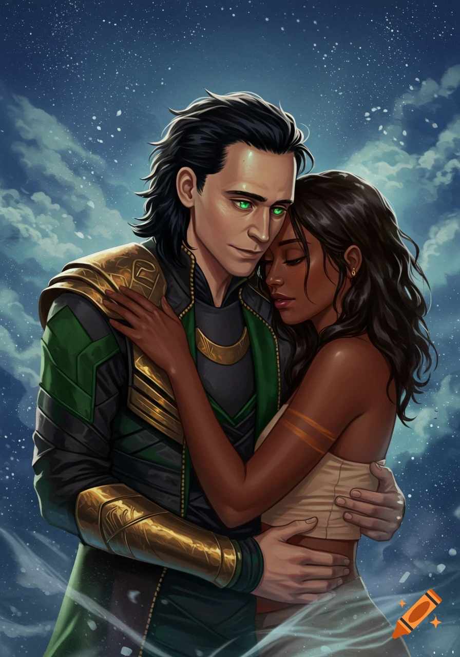 Digital illustration of Loki in green armor embracing a dusky woman under a starry, cloudy night sky.