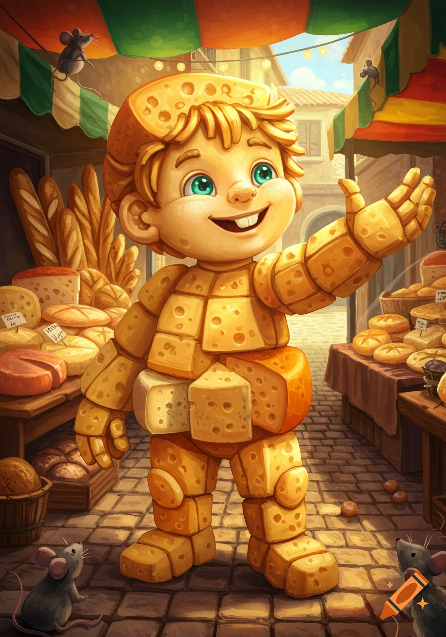 A smiling cartoon boy made of cheese waves in a bustling market stall filled with bread and cheese, with mice scurrying around.