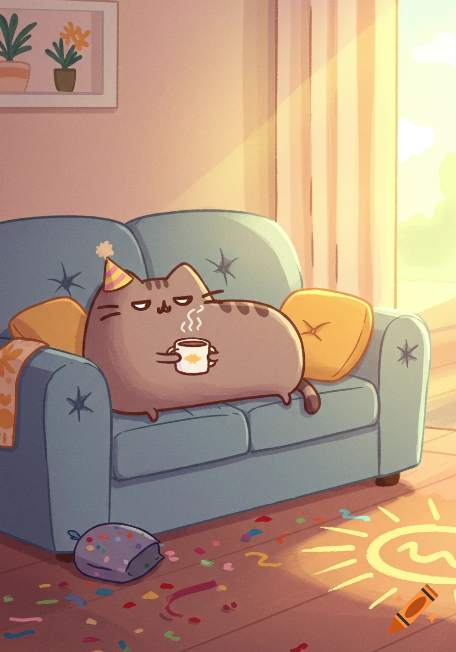 Pusheen the cat in a party hat, looking grumpy and sipping coffee on a blue couch, surrounded by confetti in a cozy, sunlit room.