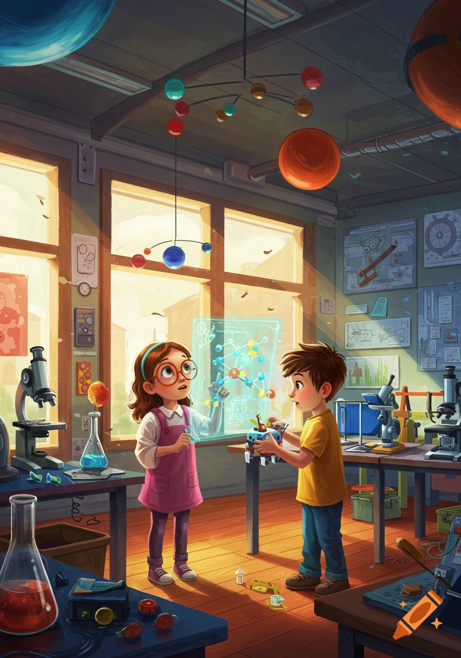 Cartoon of two children, a boy and a girl, in a science lab. The girl interacts with a holographic molecular model.