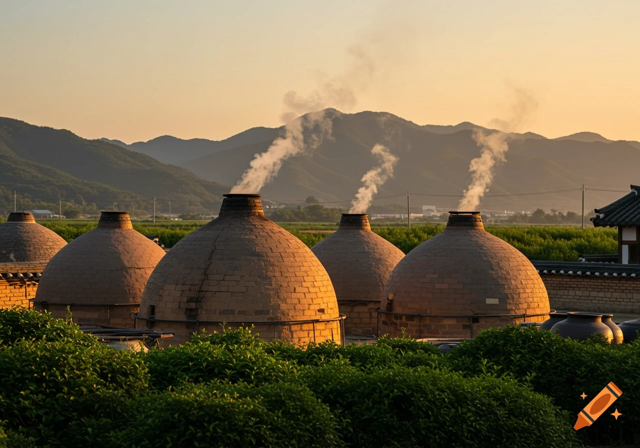 Photorealistic image of traditional kilns with smoke rising, surrounded by green fields and mountains at sunset.