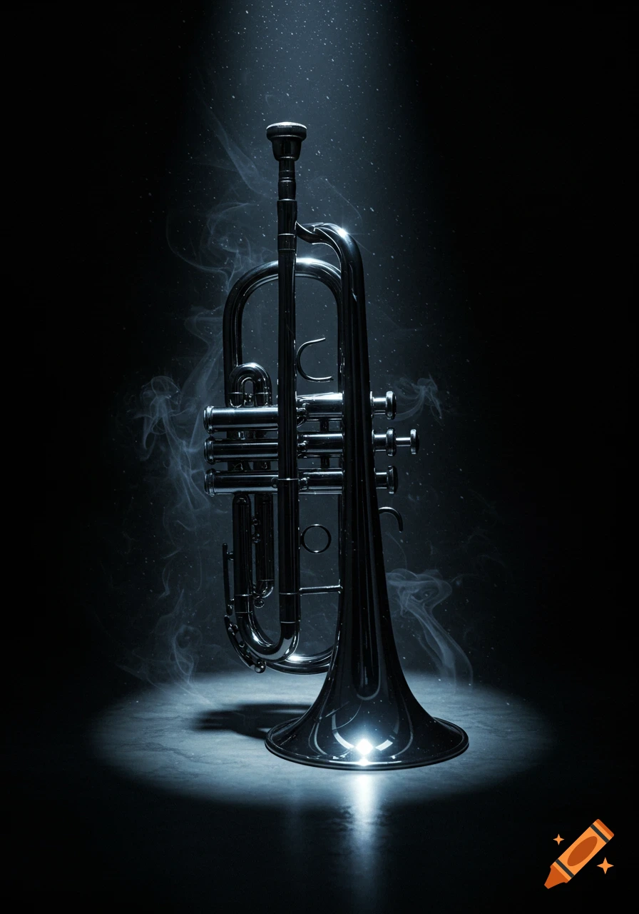 A moody, silver trumpet stands illuminated by a spotlight, with subtle smoke swirling around it on a dark background.