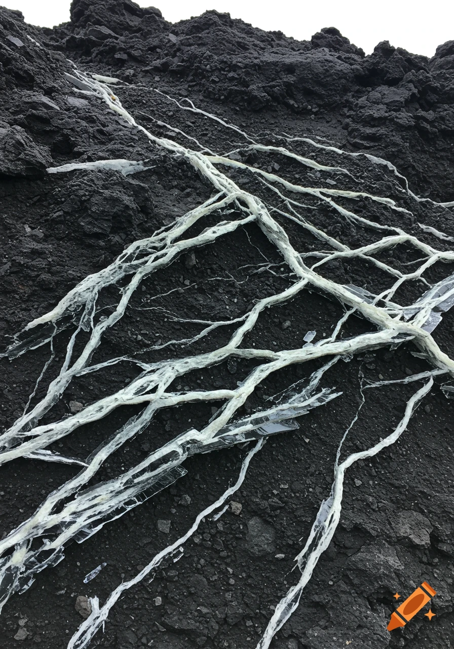 White, vein-like mineral formations stand out against dark, coarse volcanic basalt rock.