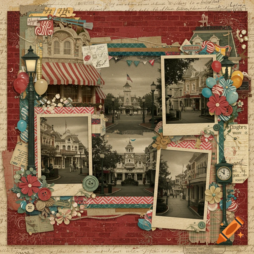 Digital scrapbook page with vintage sepia-toned photos of Main Street USA, framed by red brick, layered papers, flowers, balloons, and a lamppost with a clock.