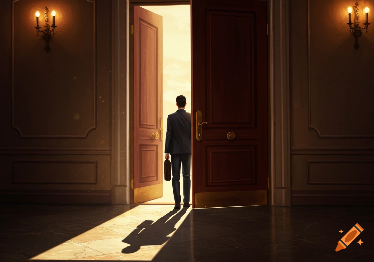 A man in a suit with a briefcase stands with his back to the viewer, facing a grand, open double door that emits bright light.