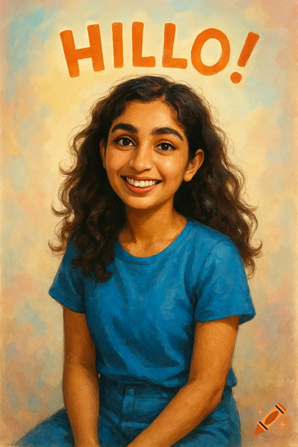 A smiling woman with dark curly hair and a blue shirt in a painterly portrait. Orange text "HILLO!" floats above her head.