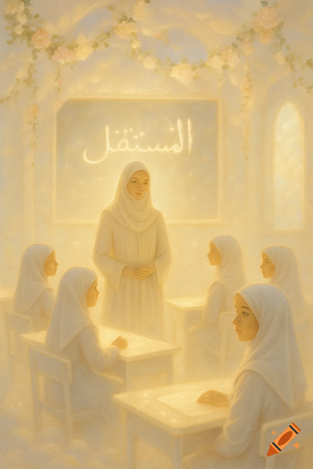 A radiant digital painting of a female teacher and schoolgirls in hijabs in a glowing, ethereal heavenly classroom with 'The Future' written on a blackboard.