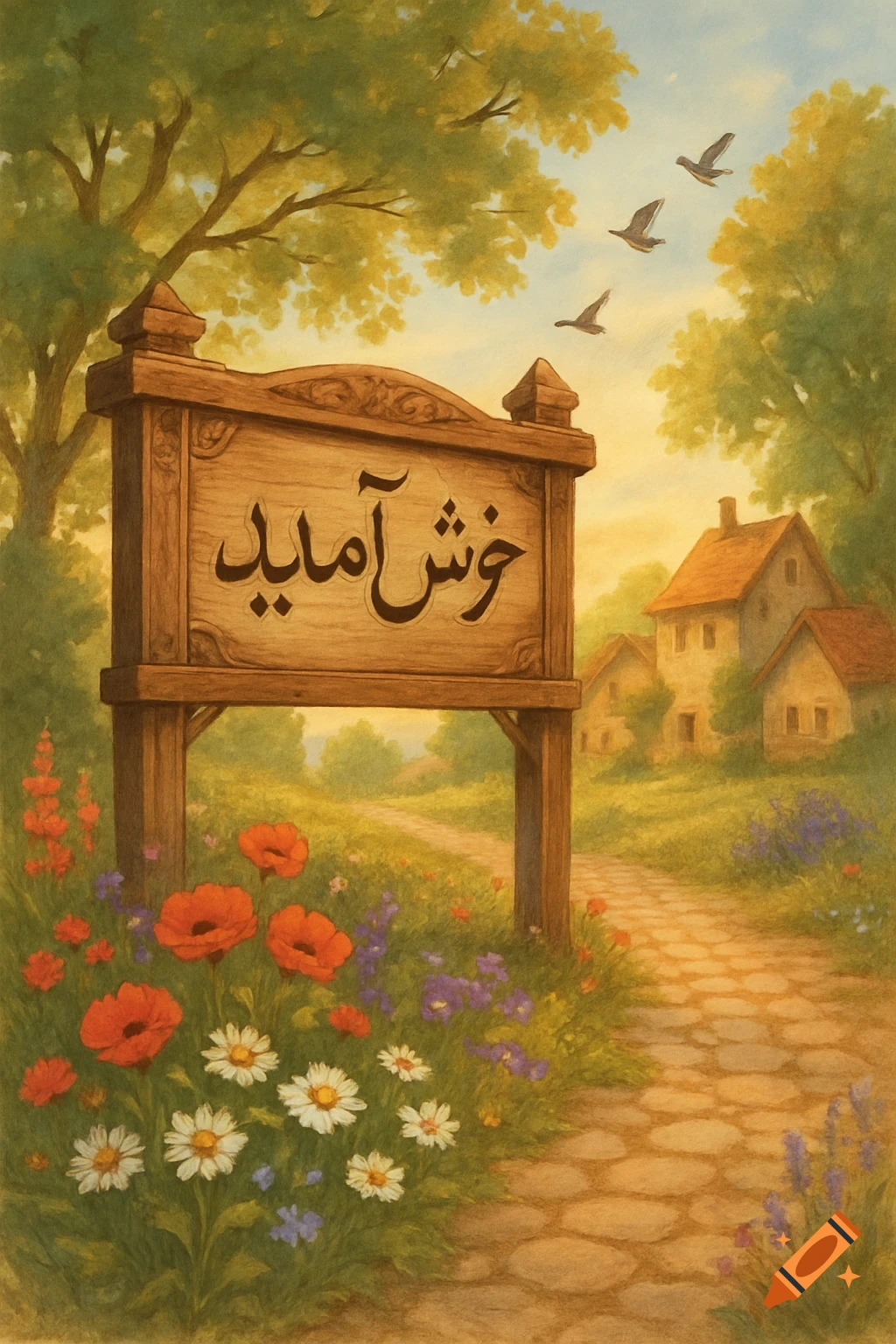 Painterly village entrance with a wooden 'Welcome' sign, colorful flowers, a stone path, and distant houses under a soft sky.