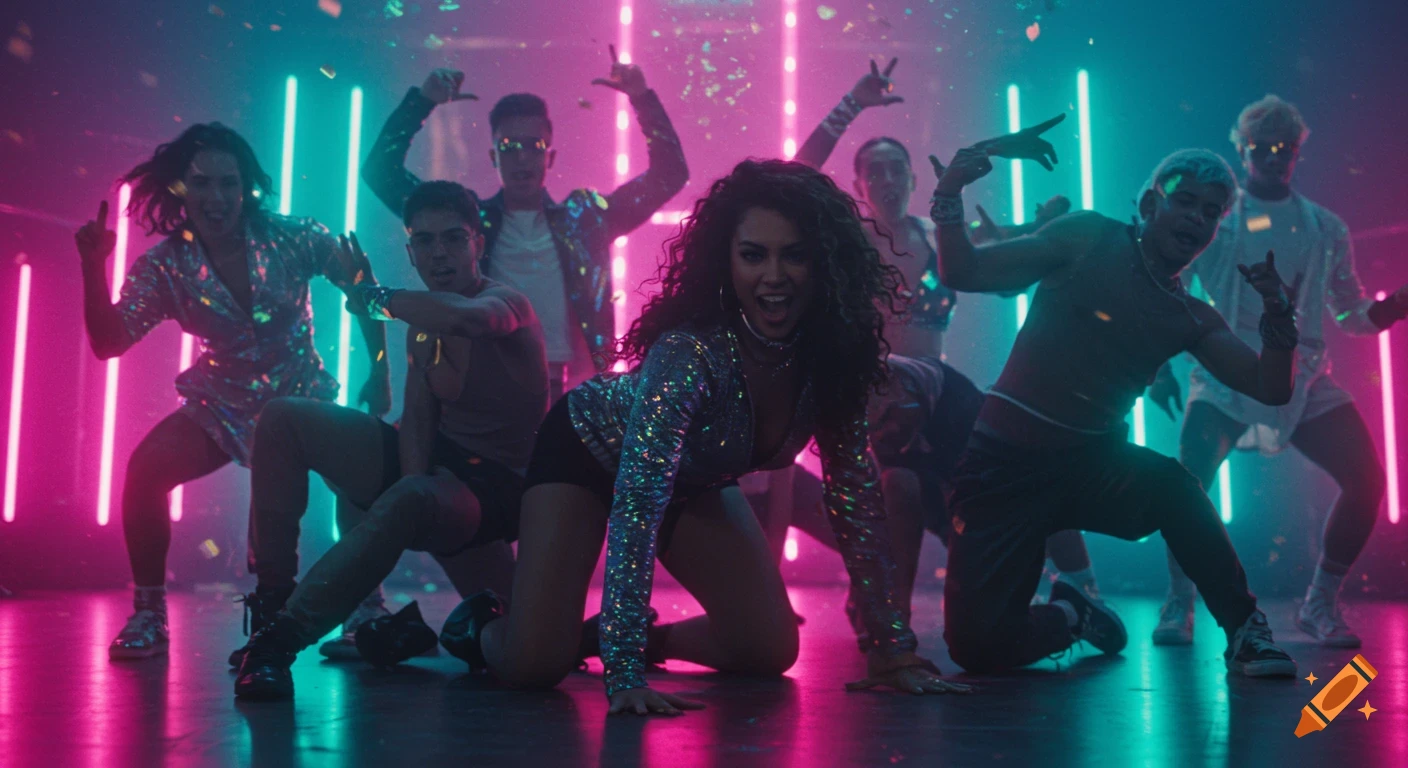 Energetic group of dancers in a vibrant pop music video setting with pink and blue neon lights and confetti.