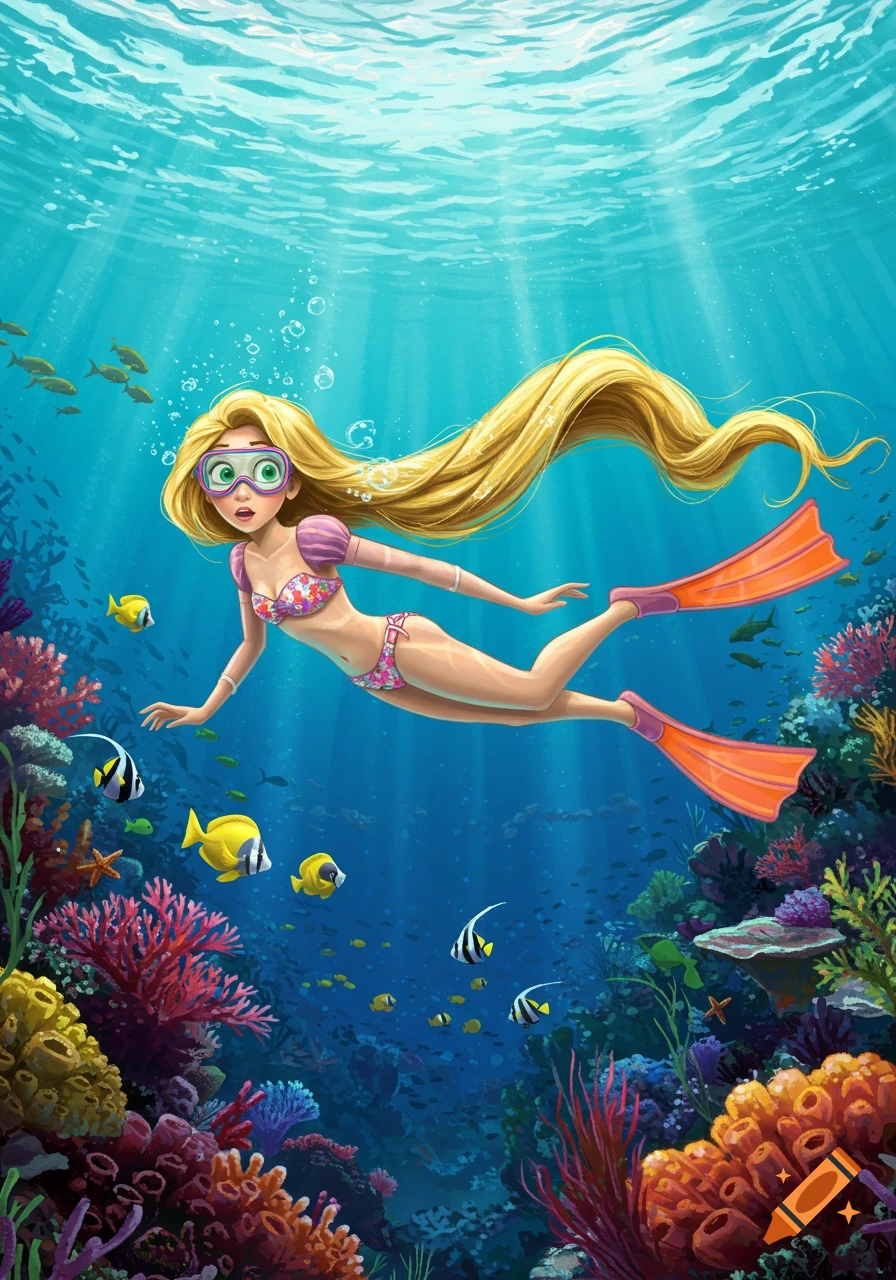 Cartoon Rapunzel in a bikini, goggles, and orange flippers swims in a vibrant coral reef with colorful fish.