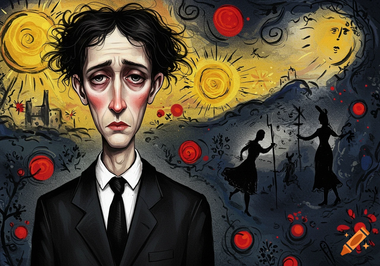 An expressionist portrait of a melancholic man in a suit with wild hair, against a surreal background of suns, red orbs, and dancing silhouettes.