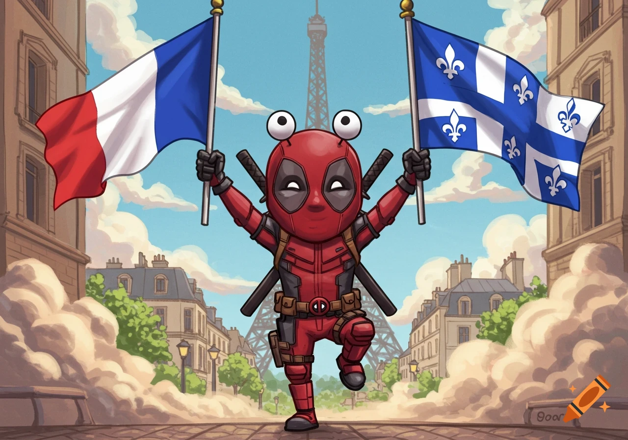 A cartoon chibi Deadpool waves a French flag and a Quebec flag in a Parisian street with the Eiffel Tower in the background.