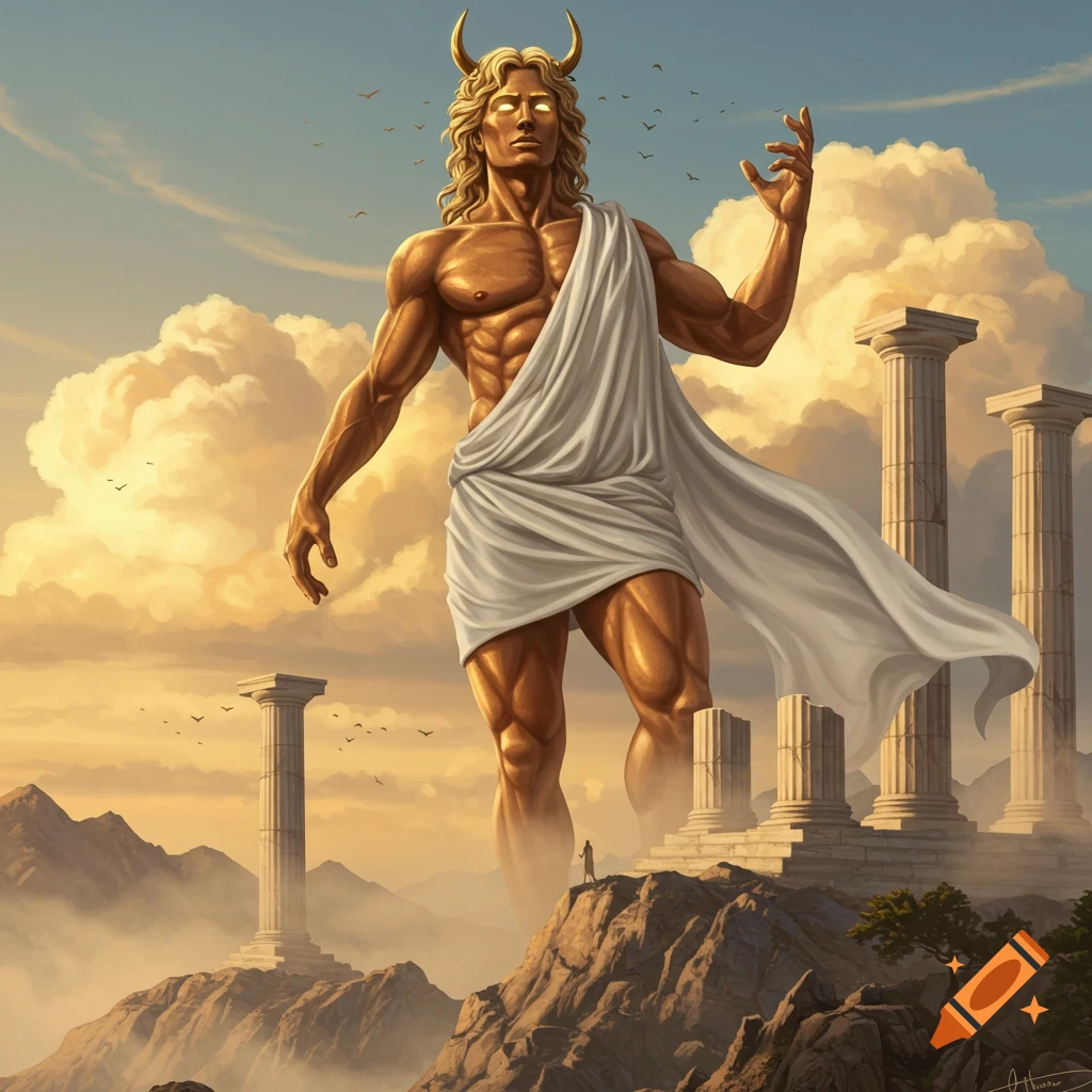 A giant, muscular, golden-skinned figure with horns and glowing eyes, draped in white, stands among ancient ruins at sunset.