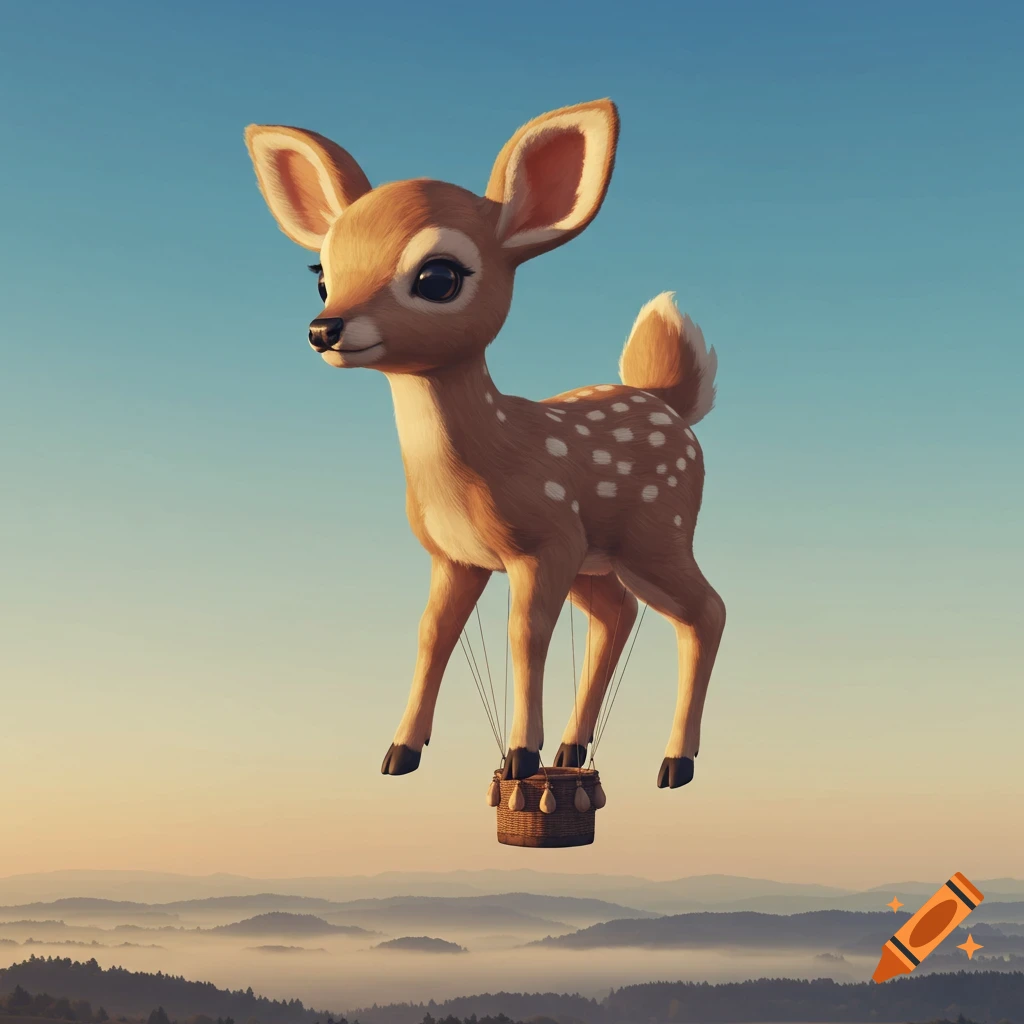 A whimsical, cartoon-style baby fawn hot air balloon floats above misty mountains at sunrise.