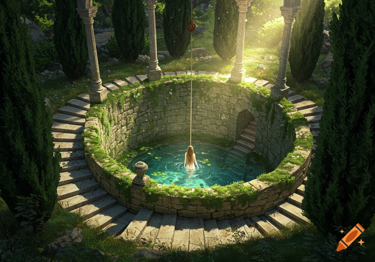 A woman stands in the turquoise water of an ancient, moss-covered stone well, surrounded by green trees and stairs, bathed in mystical sunlight.