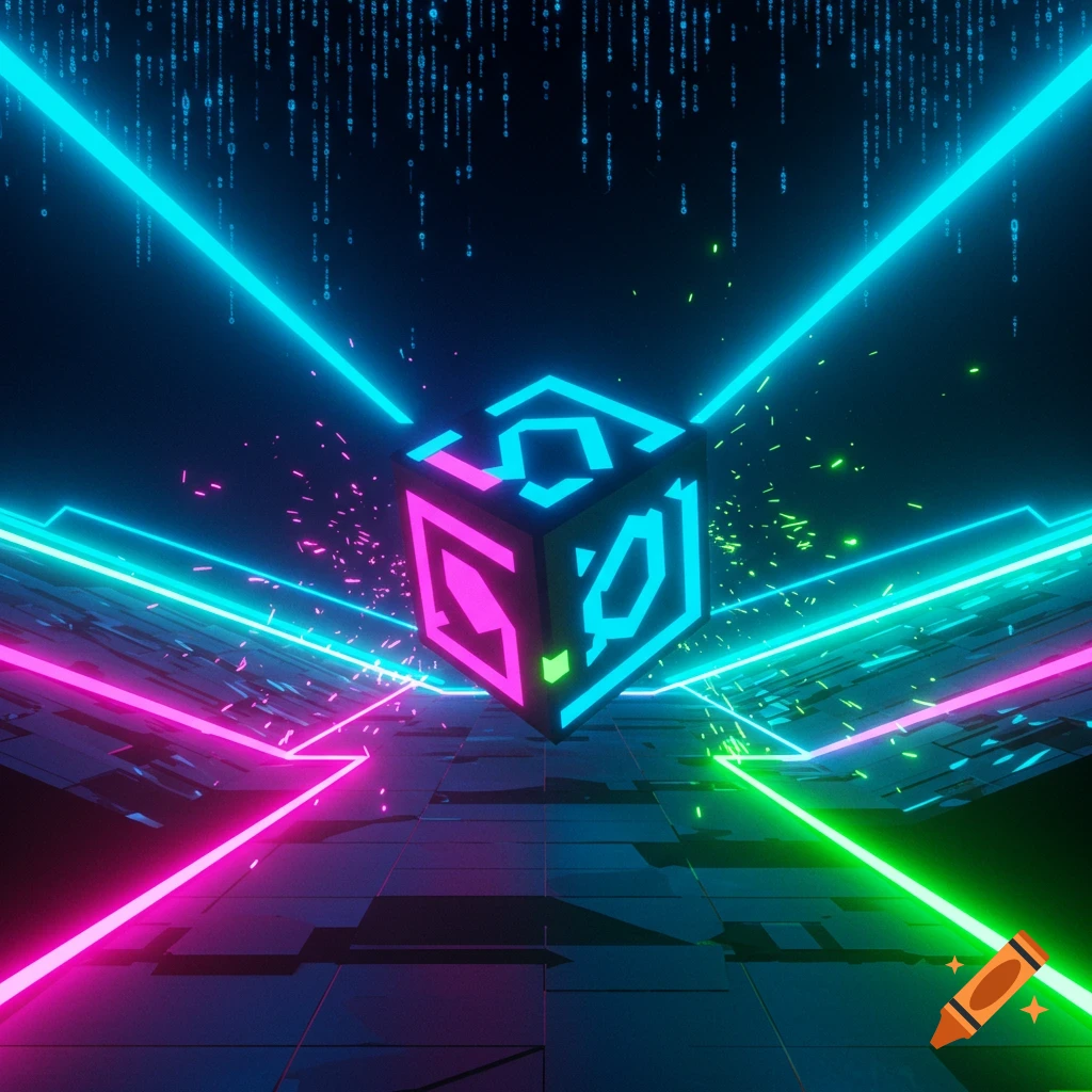 A glowing, neon-lit cube hovers in a dark, futuristic digital space with laser beams and binary code rain.