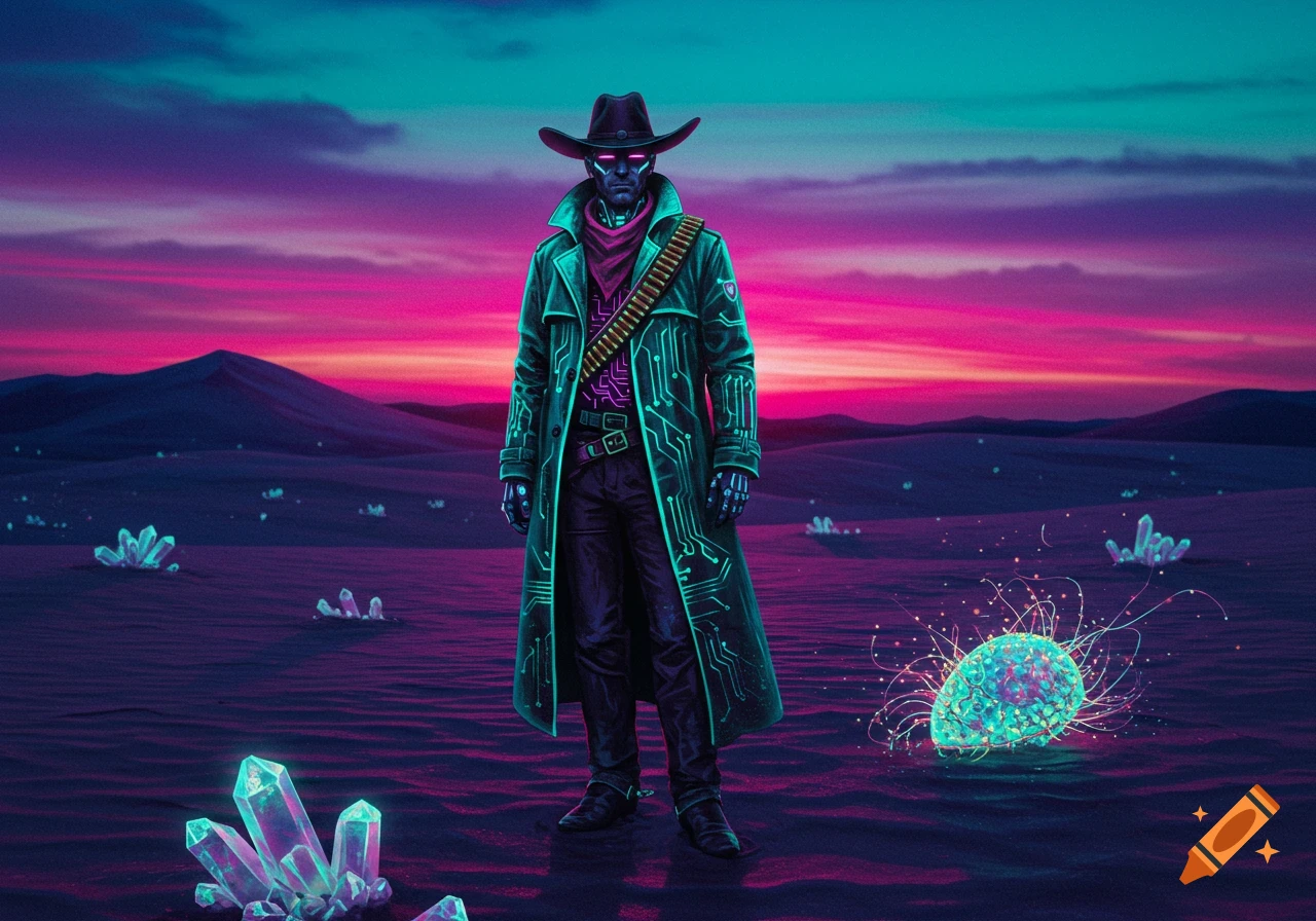 A neon-lit cyberpunk cowboy in a circuit-patterned coat stands in a vibrant purple desert with glowing crystals and a pink-purple sky.