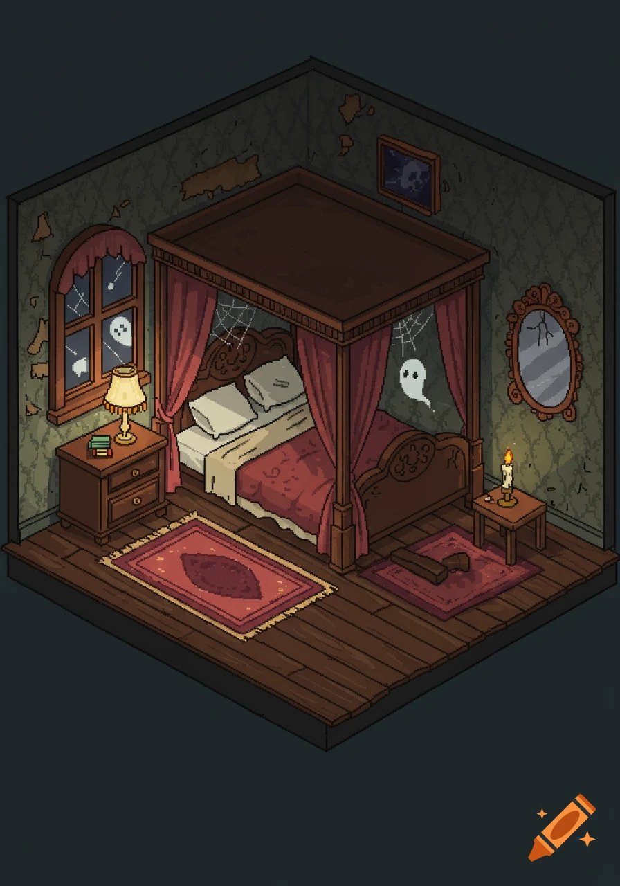 Isometric pixel art of a spooky bedroom with a canopy bed, broken mirror, torn wallpaper, and floating ghosts.