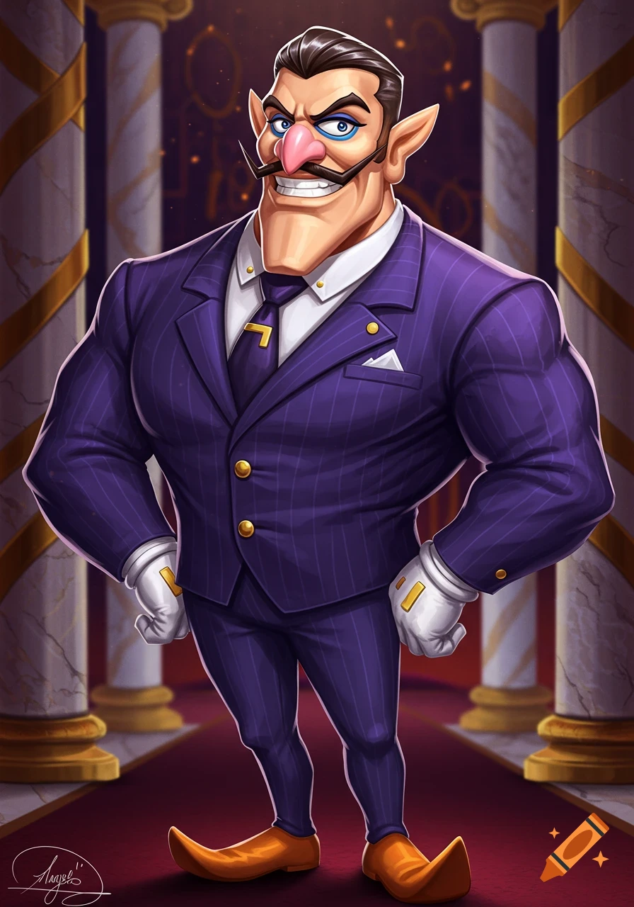 A muscular Waluigi in a purple pinstripe suit, white gloves, and pointy orange shoes grins confidently, standing in a grand hall with pillars.