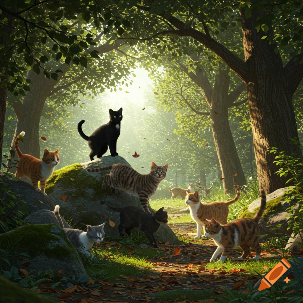 A diverse group of cats, including black, tabby, and orange-and-white, gathered in a sunlit forest with fallen leaves.