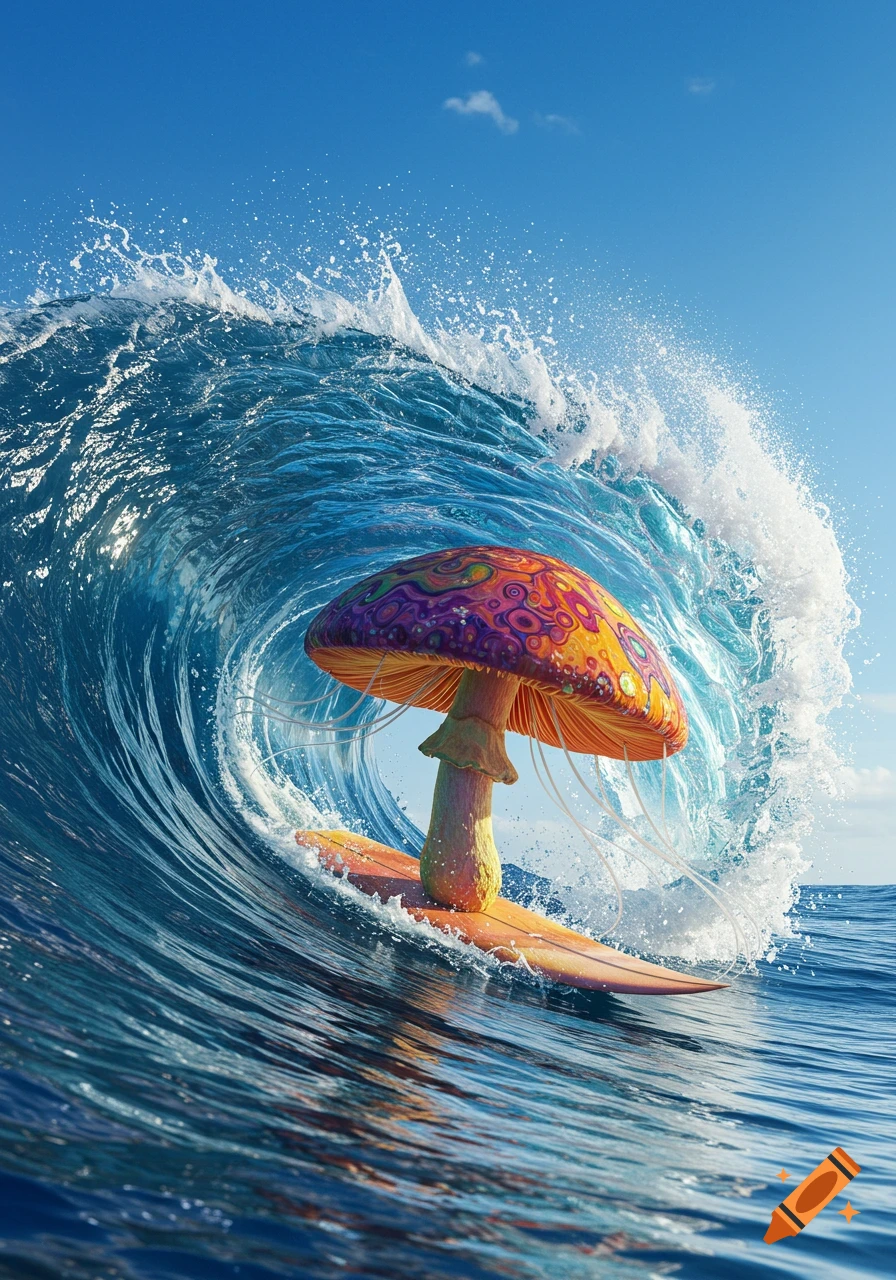 A vibrant psychedelic mushroom surfs a large ocean wave under a clear blue sky, depicted in a realistic style.