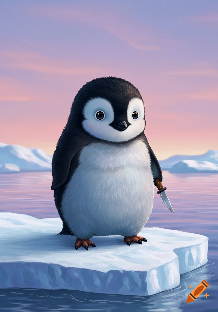 A fluffy baby penguin on an ice floe holds a small, bloody knife, set against a pink and purple arctic sunset.