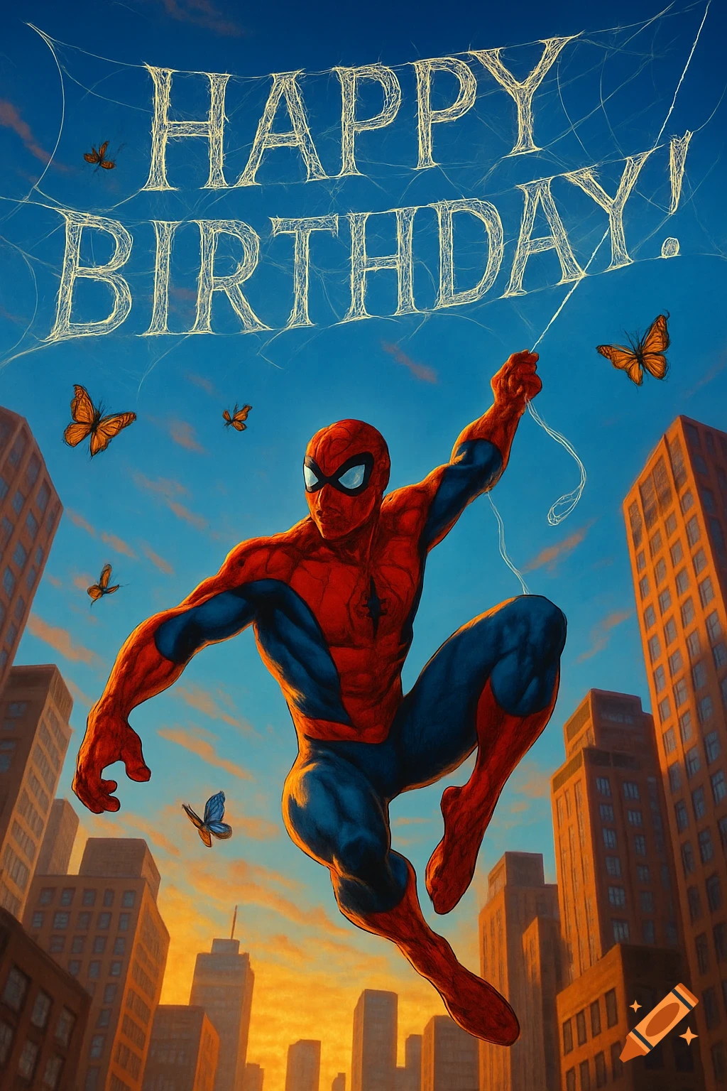 Spider-Man swings over a city skyline at sunset, with 'HAPPY BIRTHDAY!' written in spiderwebs across the blue sky and butterflies flying around.
