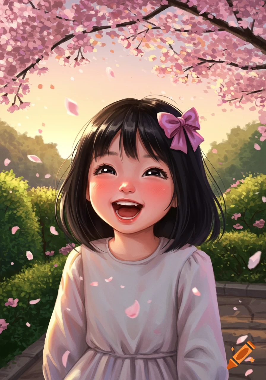 Happy anime-style girl with a pink bow in her hair, surrounded by falling cherry blossoms in a bright park setting.
