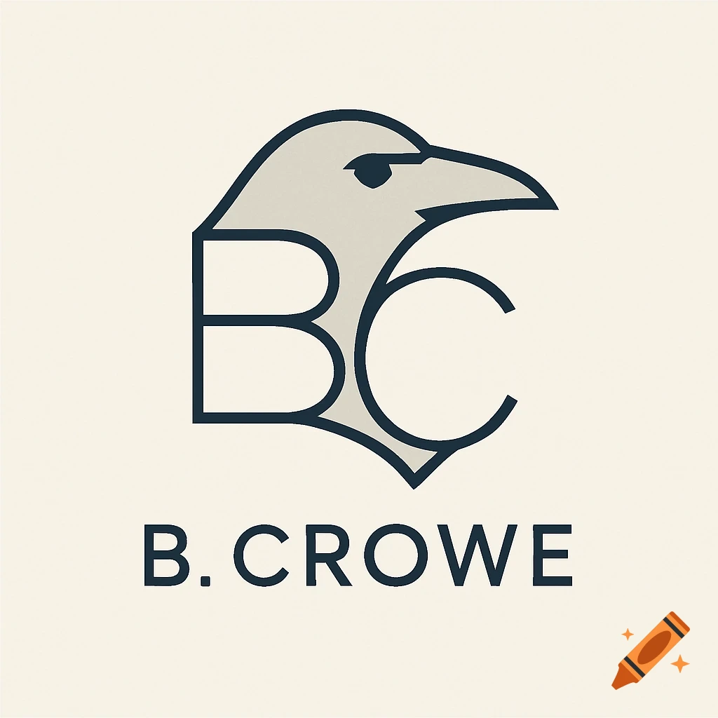 Minimalist logo featuring a stylized grey raven head integrated with the letters BC, and the name B. CROWE below.