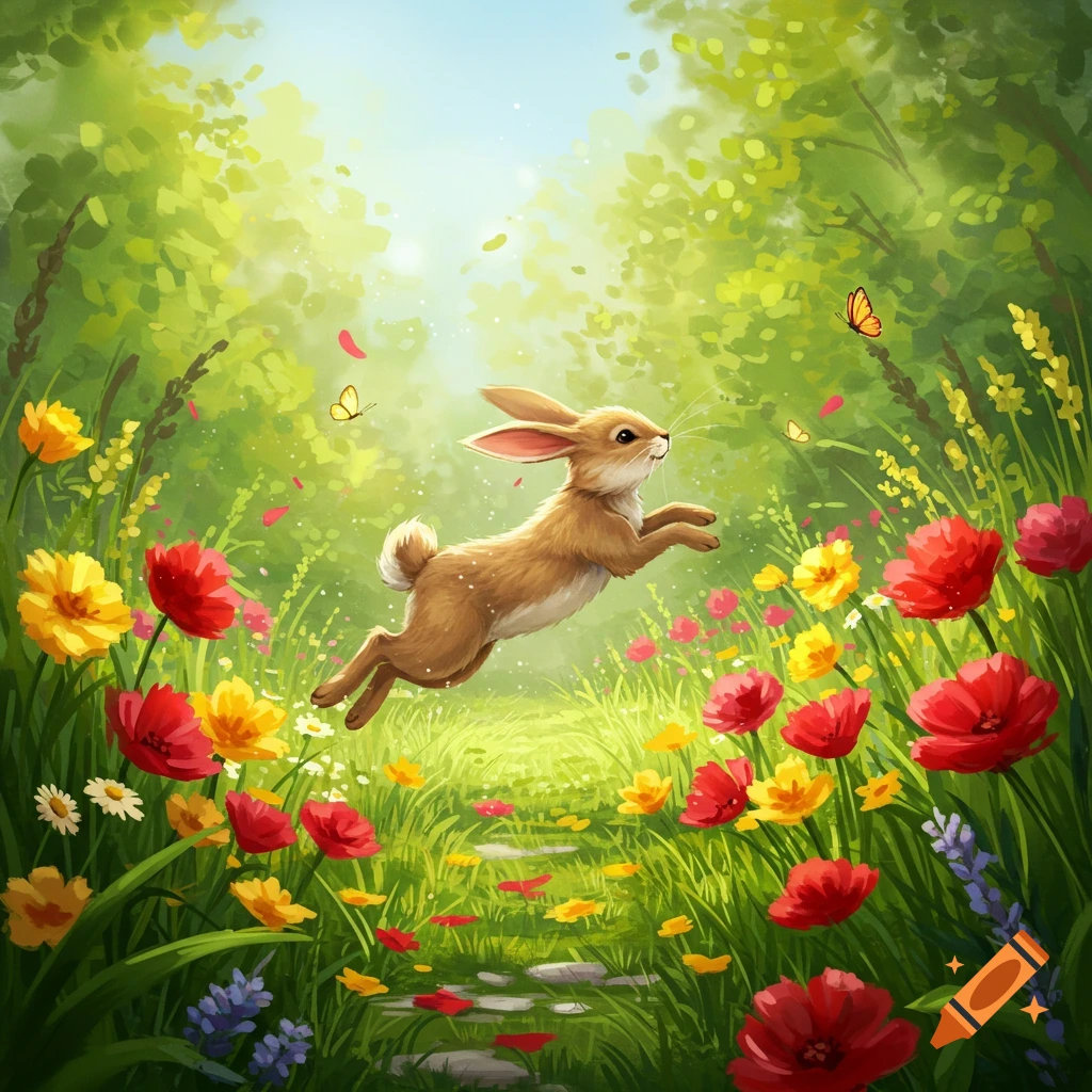 A brown rabbit leaps through a vibrant meadow of red and yellow flowers and green grass, with butterflies, in a cheerful digital illustration.