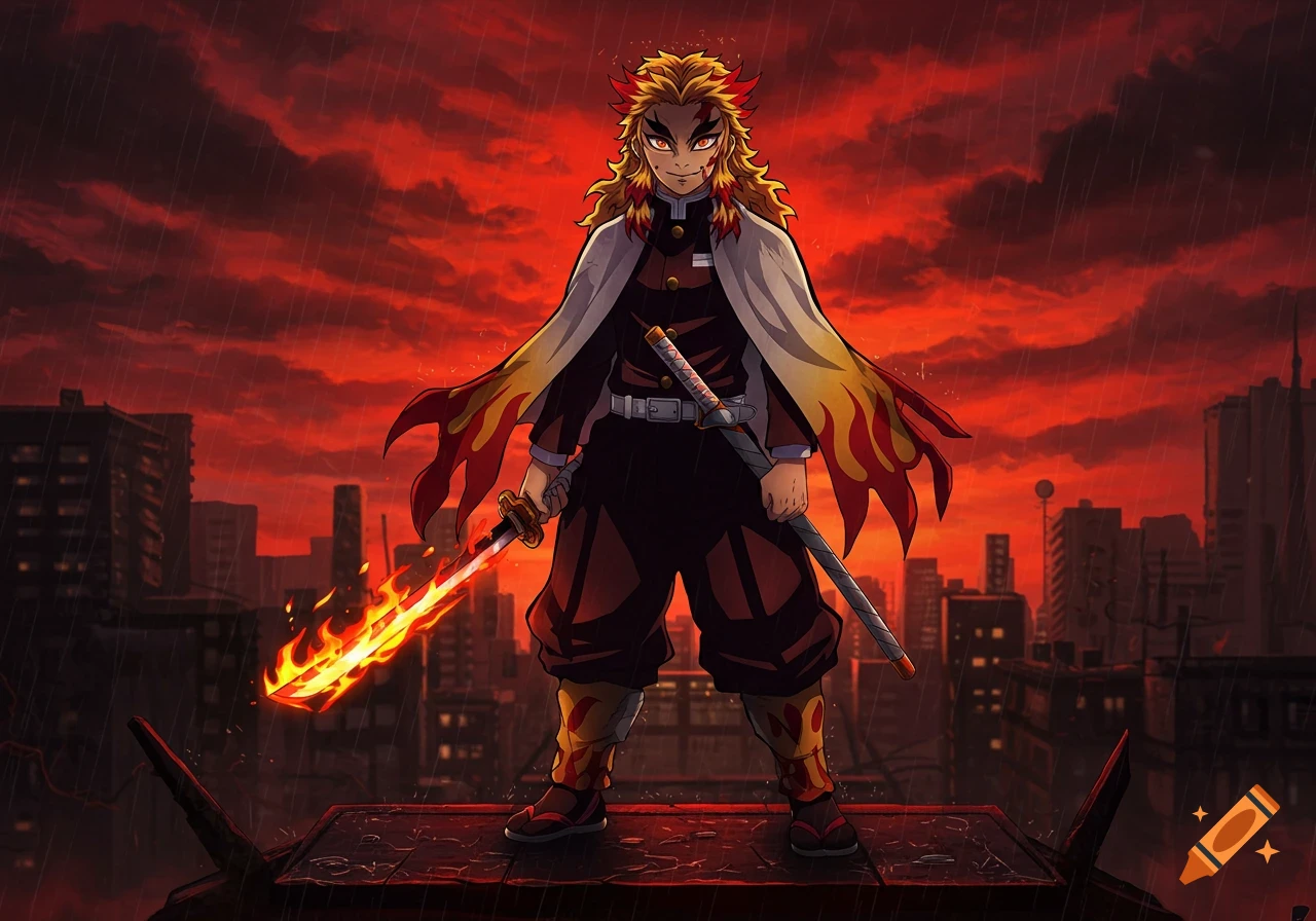 Anime character Rengoku stands on a city rooftop holding a flaming sword under a dramatic red, rainy sky.
