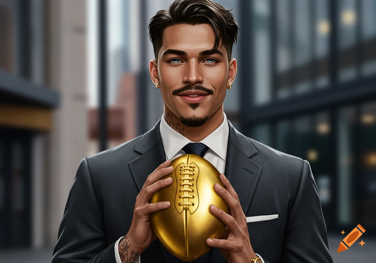 A stylized portrait of a man with blue eyes, tattoos, and a goatee in a suit holding a golden football.