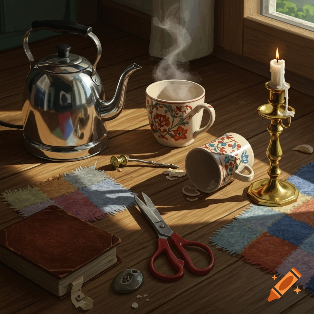 A still life of a metallic kettle, two patterned mugs, a lit candle, scissors, and a book on a sunlit wooden floor by a window.