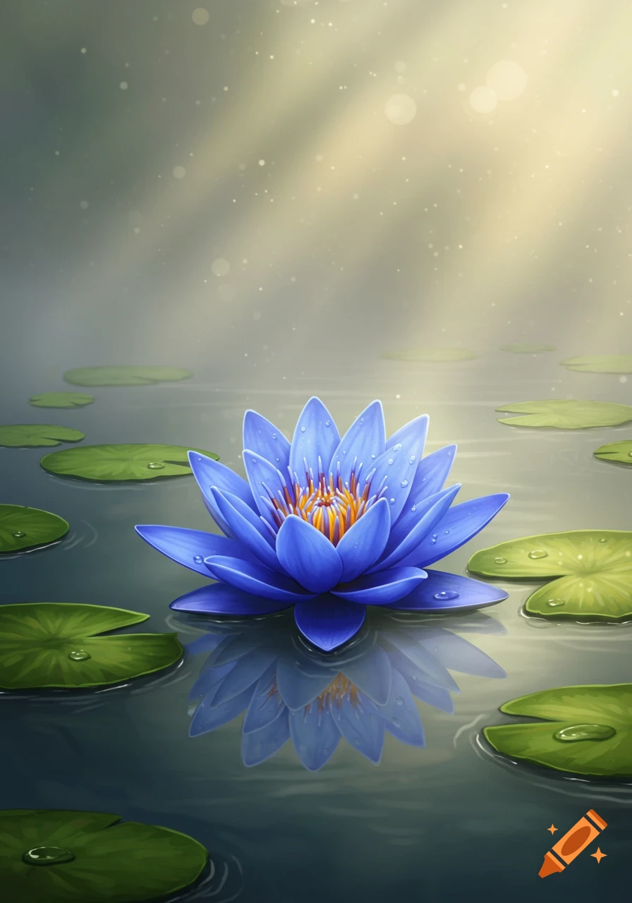 A vibrant blue lotus flower with water droplets floats on calm water among lily pads under misty sunlight.