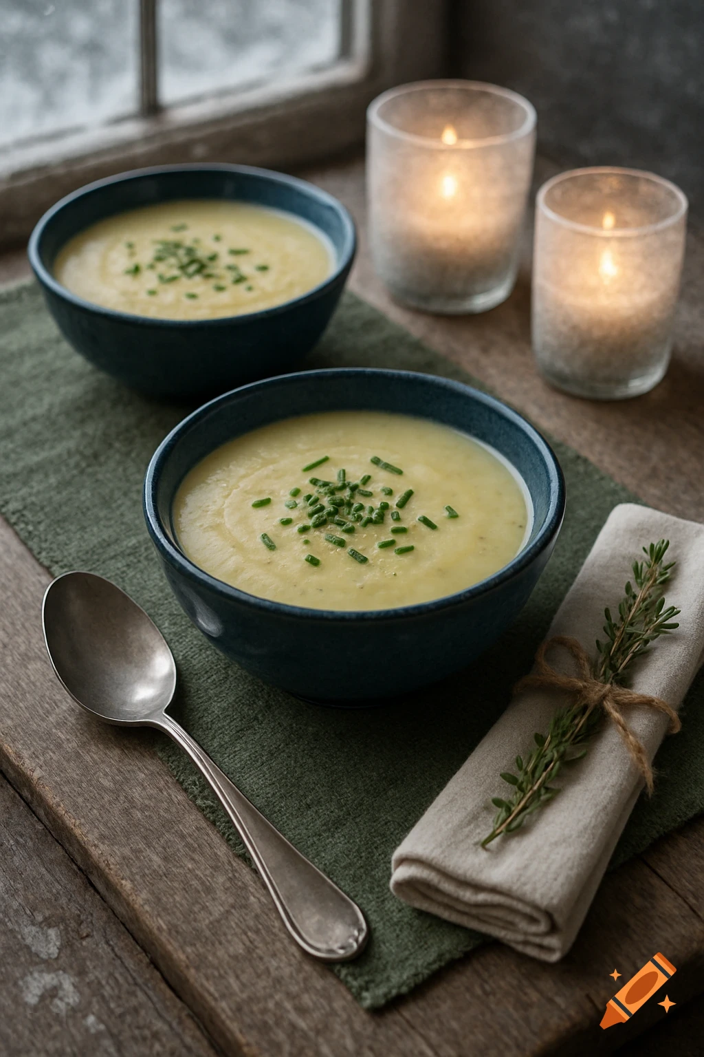 Two dark bowls of potato leek soup with chives on a moss-green placemat, with a spoon, napkin, candles, and a wintry window.