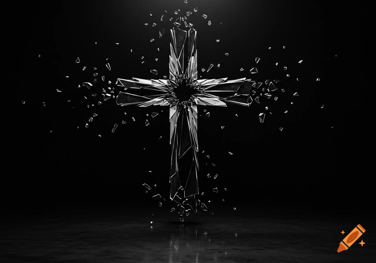 A monochromatic, shattered glass cross explodes outwards on a dark, reflective surface.