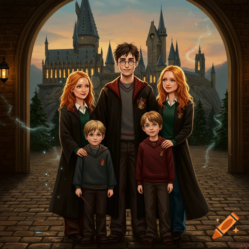 A digital illustration of Harry Potter, Ginny, and their two children standing under an archway with Hogwarts castle in the background.
