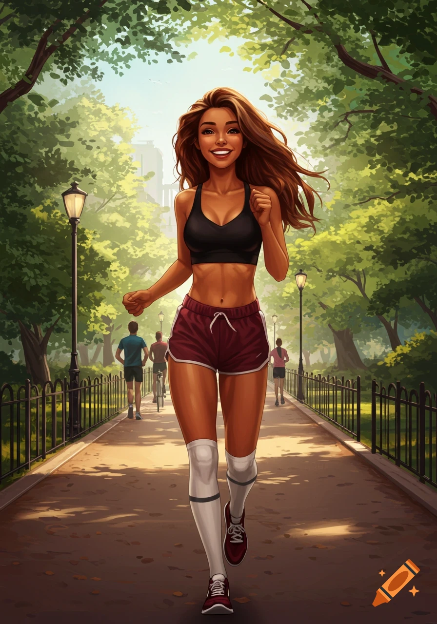 Smiling young woman in a sports bra, red shorts, and knee socks runs on a sunny park path. Stylized illustration.