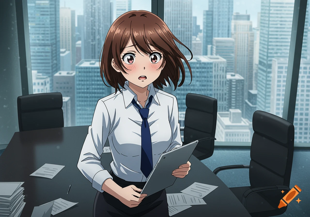 An anime businesswoman with brown hair and a white shirt with a tie looks scared in a high-rise office.