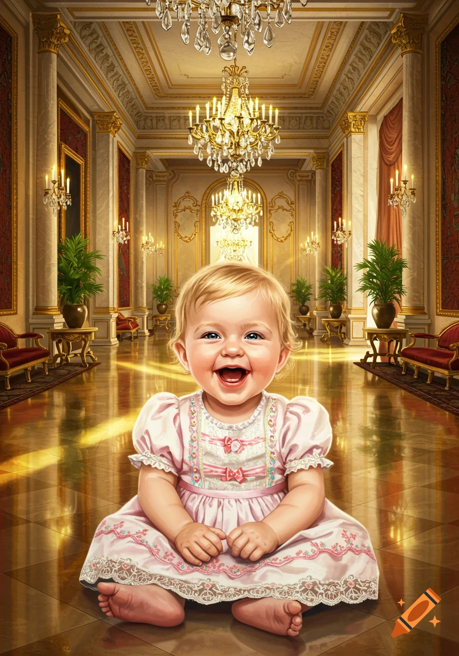 Laughing blonde baby in a pink dress with blue eyes, sitting on a polished floor in an opulent palace.