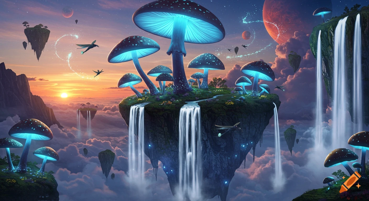 Vibrant fantasy landscape with glowing blue mushrooms, waterfalls on floating islands, mystical winged creatures, and planets at sunset.