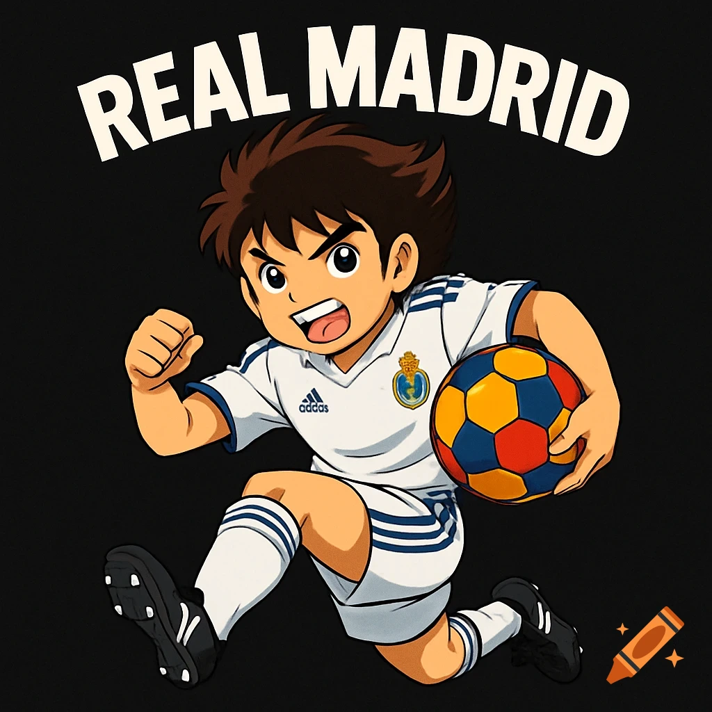 Anime soccer player in a Real Madrid jersey holds a ball, with 'REAL MADRID' text above.
